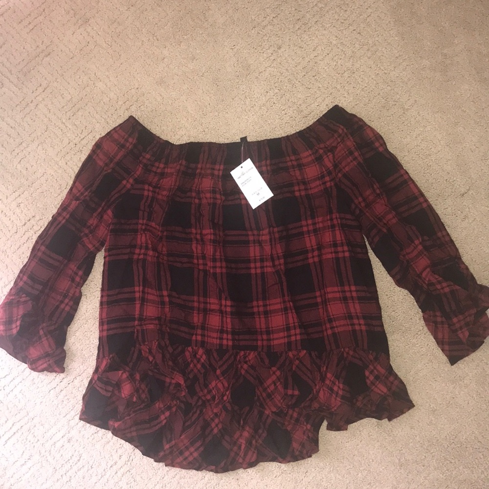 Off the shoulder plaid fluffy top